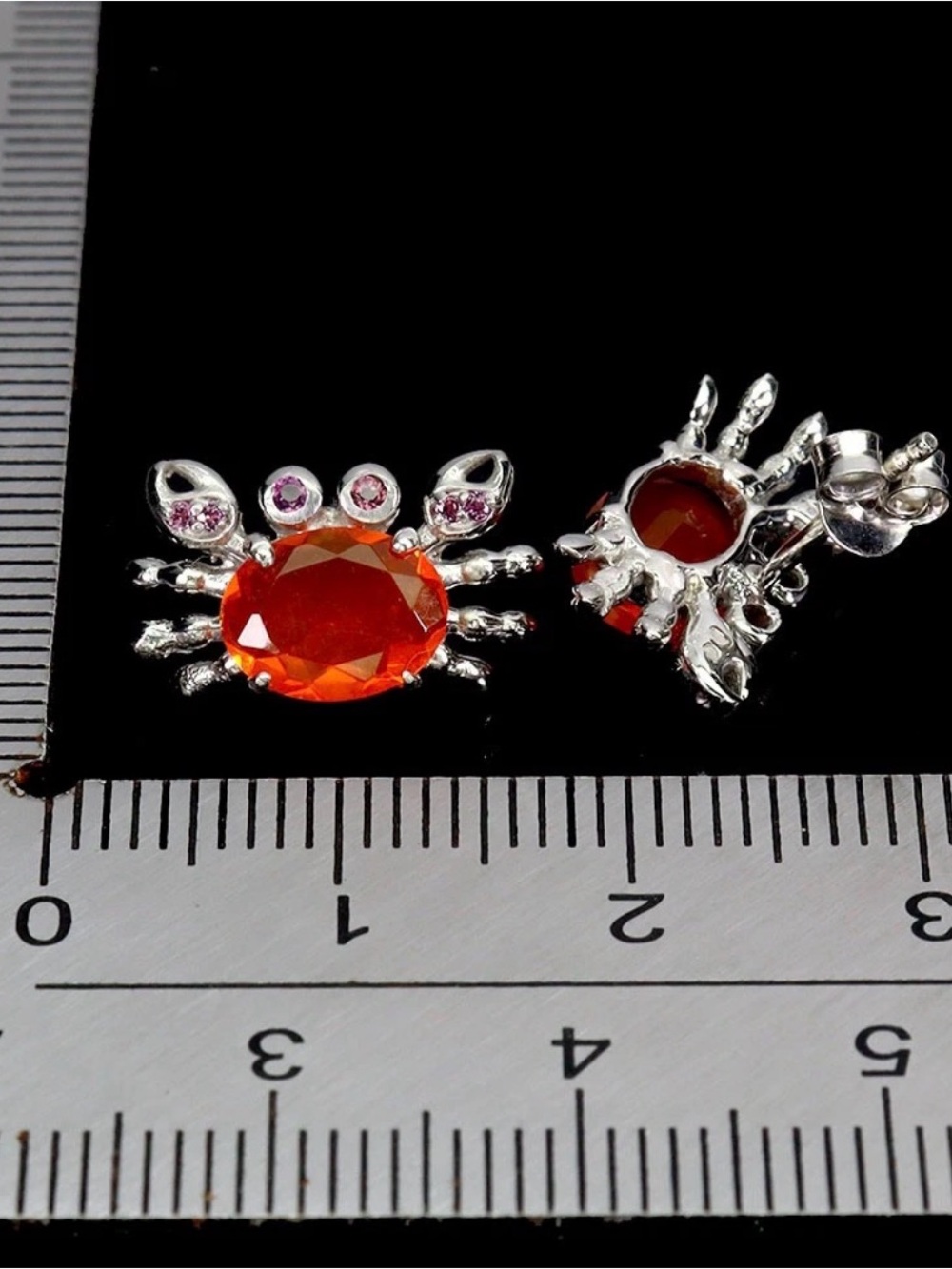 Stunning Natural Orange Fire Opal 8x6mm Crab 925 Sterling Silver Earrings - Picture 7 of 11